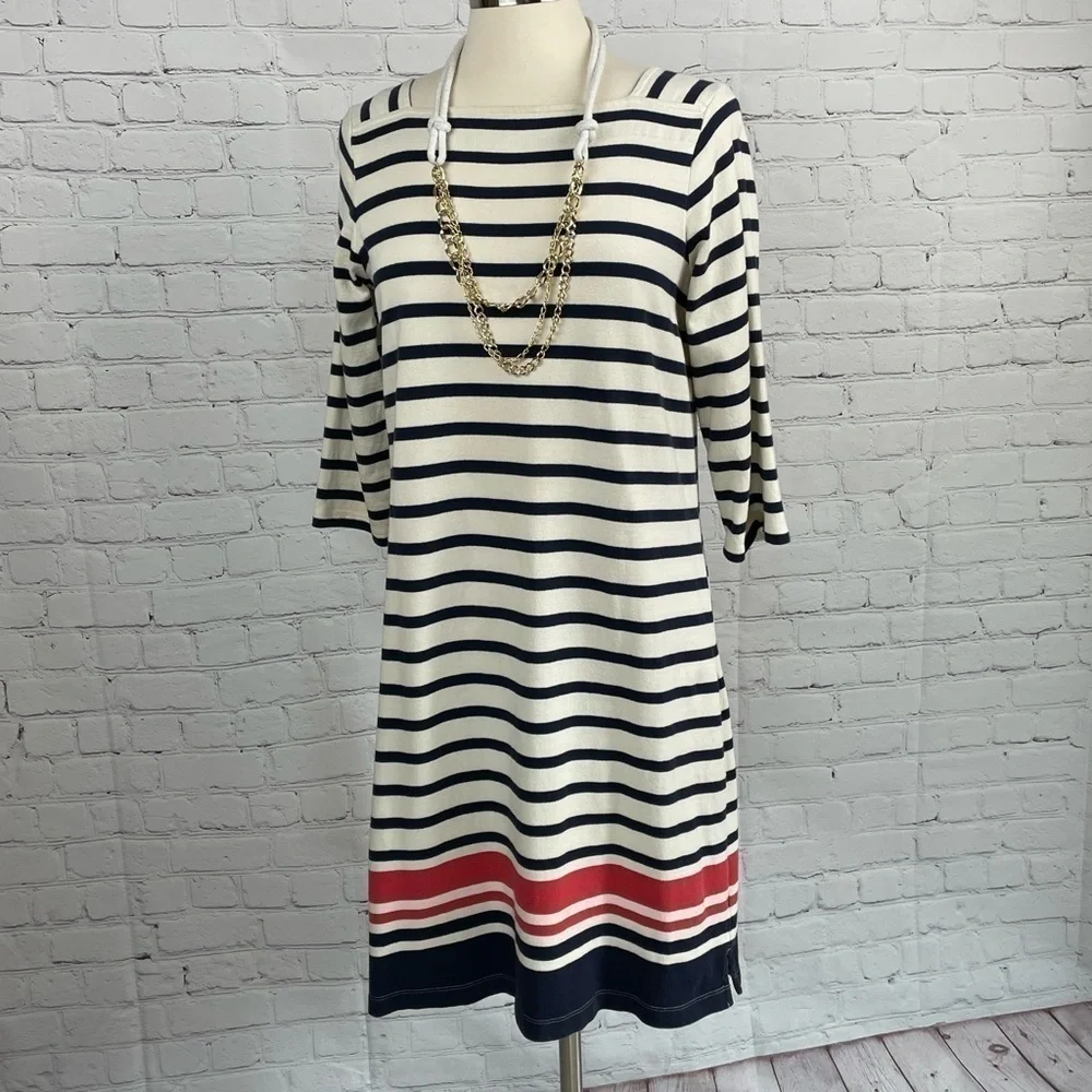 LL Bean Medium Boat Neck 3/4 Sleeve Dress Striped 100% Cotton Cream/Blue/Red - Picture 1 of 11